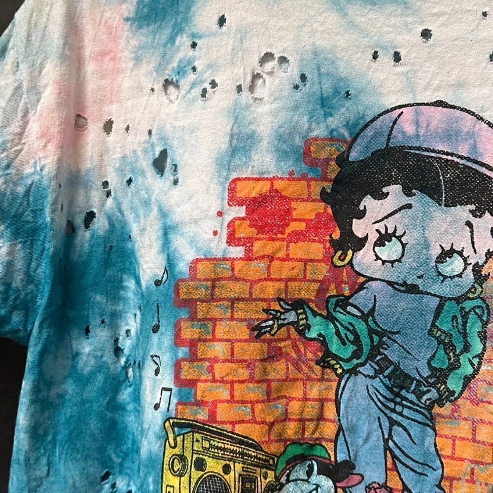 Betty Boop Size Medium Tee Shirt Cotton Tie Dyed Holes Tie Dye Blue Handmade - Picture 5 of 8